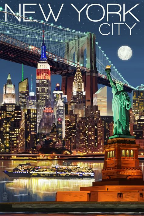 Ny Skyline, Skyline At Night, Retro Travel Poster, City Poster, Bedroom Posters, Night Art, Canvas Art Wall Decor, World Trade, Big Apple