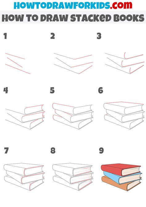 Easy Books Drawing, Book Doodle Easy, Drawings Of Books Stacked, How To Draw A Book Stack, How To Draw Books Stacked, Stack Of Books Doodle, How To Draw A Stack Of Books Easy, How To Draw Stacked Books, How To Draw Books Easy