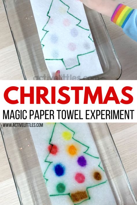 christmas magic paper towel experiment Paper Towel Experiment, Christmas Science Activities, Christmas Science Experiments, Nanny Life, Winter Science, Holiday Science, Experiment For Kids, Christmas Science, Christmas Lesson