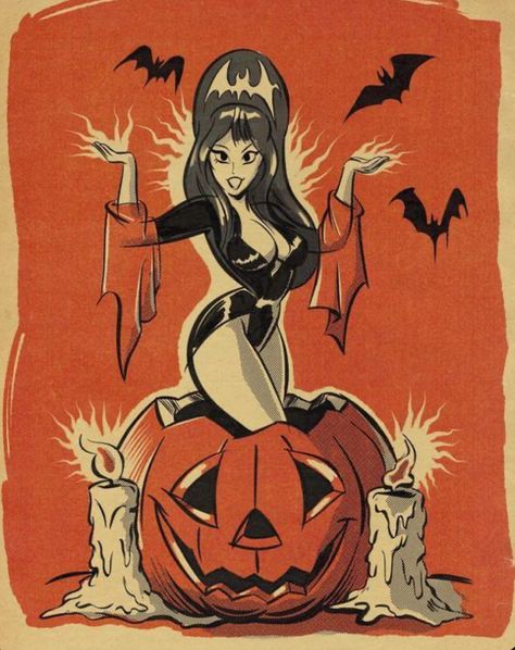 Elvira Cartoon Art, Elvira Mistress Of The Dark Fanart, Elvira Pinup Tattoo, Pinup Cartoon Vintage, Elvira Fanart, Elvira Drawing, Halloween Pinup Art, Halloween Pinup, Rad Tattoos