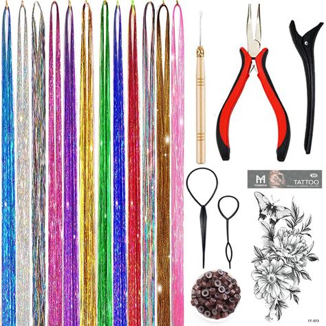 Hair Tinsel is the latest trend in hair fashion and the perfect hair accessory for girls of all ages.Adds amazing colors and sparkle to hair. Tinsel Hair Extensions, Tinsel Hair, Holographic Hair, Hair Glitter, Hair Tinsel, Fairy Hair, 1 Tattoo, New Year Party, Wig Accessories