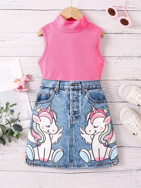 SHEIN Tween Girl Solid Color Mock Neck Tank Top & Unicorn Printed Skirt 2pcs Set, Spring/Summer | SHEIN USA Paw Patrol Birthday Party Cake, Mock Neck Tank Top, Happy Girl Quotes, Kids Ride On Toys, Mock Neck Tank, Cute Dress Outfits, Printed Skirt, Animal Cartoon, Printed Denim