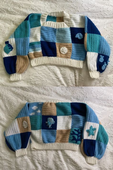 Crochet Fish Sweater, Ocean Inspired Crochet, Ocean Crochet Ideas, Crochet Ocean Theme, Ocean Themed Clothes, Ocean Aesthetic Clothes, Ocean Themed Crochet, Ocean Inspired Outfits, Ocean Inspired Fashion