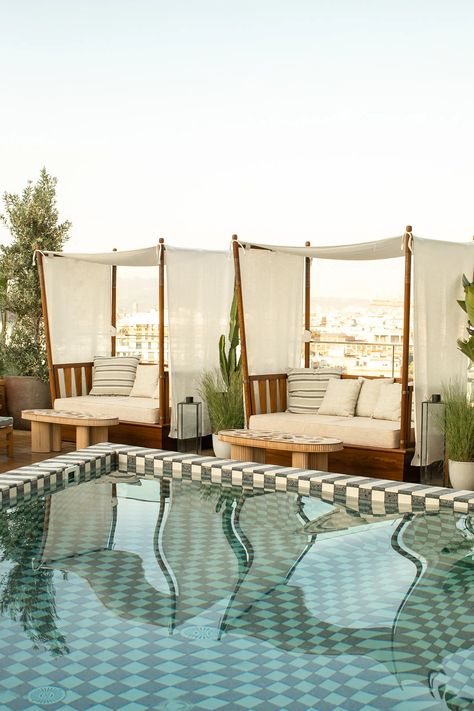 Poolside cabanas on the rooftop of The Hoxton Poblenou Hoxton Poblenou, Rooftop Spa, Cabana Design, Tiled Bathrooms, Roof Decks, Pool Club, Poolside Cabana, The Hoxton, Iron Stone