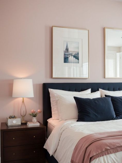 Navy Bedroom, Pink Painted Walls, Blush Pink Bedroom, Blush Bedroom, Navy Bedrooms, Wall Inspiration, Pink Bedrooms, Dreamy Bedrooms, Room Makeover Bedroom