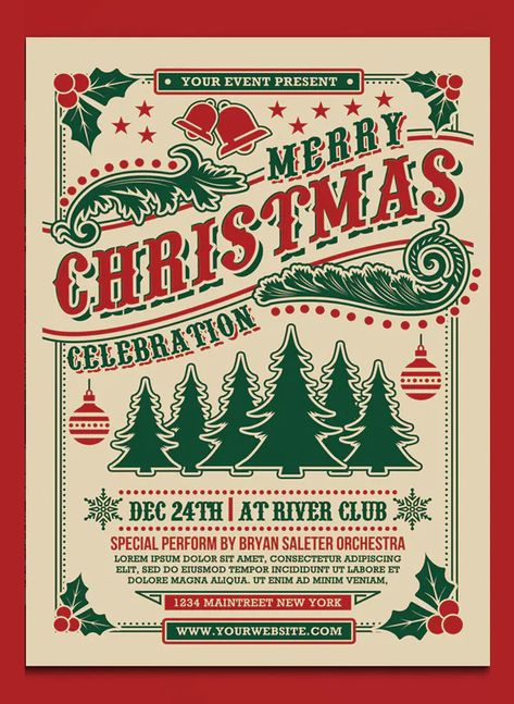 Christmas Celebration Flyer Template PSD Christmas Poster Design, Christmas Party Flyer, Christmas Party Poster, Christmas Graphic Design, Christmas Typography, Party Flyer Template, Christmas Flyer, Christmas Concert, Illustration Noel