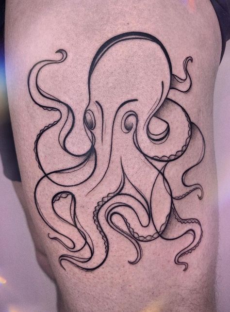 One Line Octopus Tattoo, Octopus Line Art Tattoo, Octopus Fine Line Tattoo, Octopus Line Tattoo, Line Octopus Tattoo, Fine Line Octopus Tattoo, Single Line Tattoo Ideas, Octopus Line Art, Octopus Outline