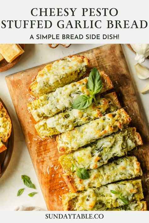 This homemade, cheesy pesto stuffed garlic bread is one of my favorite quick and easy side dishes! With basil pesto, garlic butter, mozzarella, and parmesan, it's a cozy and crowd-pleasing side dish for dinner. Eat it with Italian food, pasta, soup, steak, or grilled chicken. This pesto garlic cheese bread can be made with Italian or French bread, sourdough, focaccia, or anything else you like. It's super customizable, simple to make, and great for a crowd. This is the best garlic bread ever! Dishes With Basil, Pesto Cheese Bread, Quick And Easy Side Dishes, Cheesy Pesto Bread, Roasted Tomato Chicken, Italian Food Pasta, The Best Garlic Bread, Best Garlic Bread, Stuffed Garlic Bread