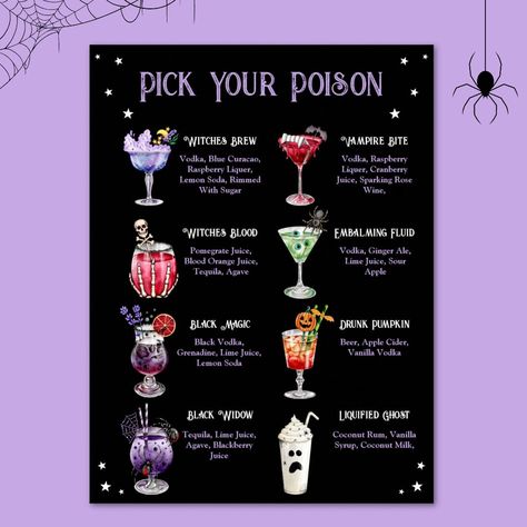 This Halloween Cocktail Menu design features the title 'Pick Your Poison' which can be edited, followed by 8 halloween cocktail illustrations and the ability to add your own cocktail names and ingredients. The current cocktails include witches brew, vampire bite, witches blood, embaliming fluid, black magic, drunk pumpkin, black widow and the liquified ghost. Please follow your own recipes as the current ingredient lists are approximations of many popular recipes and may not be entirely correct. See the whole matching collection.  All artwork is hand illustrated and copyright protected to Kaitlyn Thomas. Essen, Cocktail Menu Design, Fun Halloween Drinks, Vampire Bite, Menu Poster, Cocktail Names, Vampire Bites, Cocktail Illustration, Halloween Cocktail