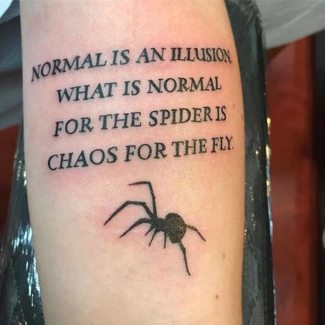 Addams Quotes, Addams Family Tattoo, Tattoo Art Ideas, Normal Is An Illusion, Deep Tattoo, Dragons Tattoo, Goth Tattoo, Spider Tattoo, Creepy Tattoos