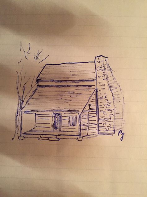 Simple Cabin Drawing, Log Cabin Sketch, How To Draw A Cabin, Cabin Drawing Simple, Cabin Doodle, Cabin In The Woods Drawing, Log Cabin Drawing, Cabin Reference, Cabin Sketch