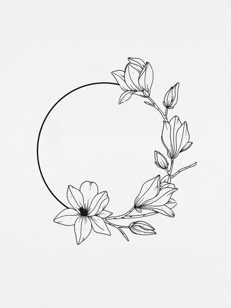 Full Moon Flower Tattoo, Circle With Flowers Drawing, Magnolia Moon Tattoo, Full Moon And Flower Tattoo, Flower Drawing Circle, Floral Circle Drawing, Flower Circle Drawing, Virgo Tattoo Designs, Wrist Tattoo Ideas