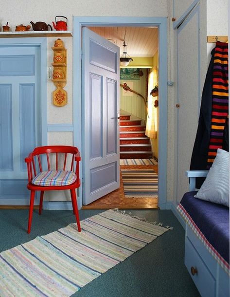 Powder Blue and Poppy Red Rooms: Ideas and Inspiration Blue Room White Trim, Pale Blue And Red Interior, Light Blue And Red Living Room, Red Utility Room, Blue Red Interior Design, Red Blue Nursery, Red Painted Room, Light Blue And Red Aesthetic, Blue And Red Room