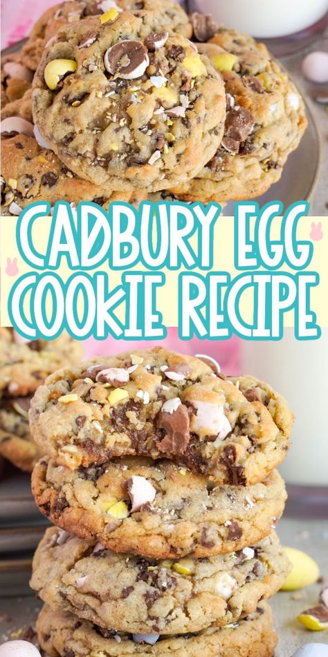 Kids Easter Recipes, Cadbury Cookie Recipe, Easter Cadbury Egg Dessert, Mini Cadbury Egg Cookies, Cadbury Cookies Recipe, Easter Desserts Recipes Cookies, Easter Monster Cookies, Cadbury Eggs Cookies, Easter Cookie Flavors