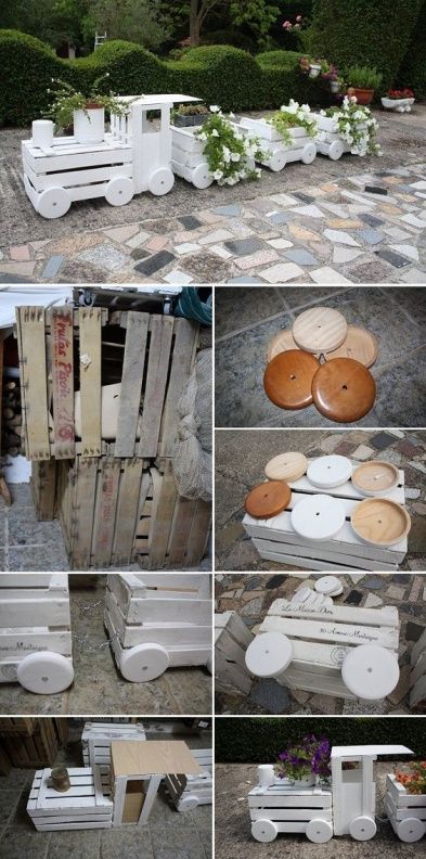 Train Garden, Old Crates, Wooden Pallet Projects, Pallet Crafts, Diy Holz, Wooden Train, Kraf Diy, Garden Planter, Wooden Crates