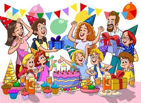 People Celebrating Birthday, Birthday Celebration Drawing, Party Drawing Illustration, Happy Birthday Cartoon Images, Birthday Party Drawing, Story Composition, Birthday Party Illustration, Birthday Animation, Birthday Party Pictures