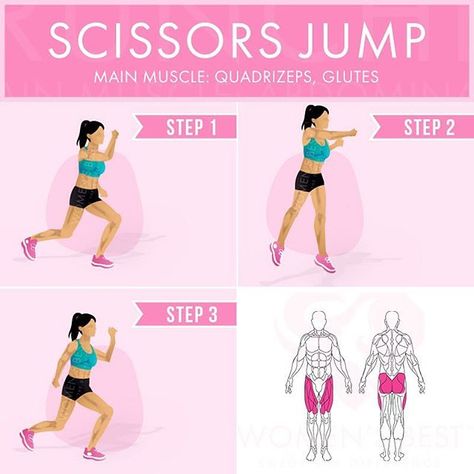 - DOUBLE TAP if you want more exercise explanations  - Scissors Jump Main muscle: quadriceps - Starting position: Start in a split leg position, with one leg forward and the rear knee nearly touching the ground. Make sure your front knee is over the midline of the foot.  Jump as high as you can by also swinging your arms to gain lift.  While being in the air switch the position of your legs.  Now back into starting position. Repeat the motion with your legs changing roles.  Repeat... Walking Lunges, Study Info, Burn Fat Build Muscle, Jump Squats, Workout Guide, Glutes Workout, Hiit Workout, Double Tap, Build Muscle