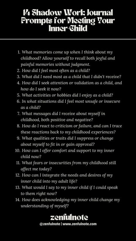 Meeting and nurturing your inner child through shadow work involves recognizing and healing the parts of yourself that may have been neglected, hurt, or misunderstood in childhood. This process can help resolve past traumas, build self-compassion, and foster a sense of inner peace. Engaging with your inner child through these questions can be a deeply emotional and transformative process. Approach this work with patience, kindness, and an open heart, allowing space for healing and growth. Work Journal Prompts, Shadow Work Journal Prompts, Mindfulness Journal Prompts, Shadow Work Journal, Journal Questions, Journal Inspiration Writing, Healing Journaling, Daily Journal Prompts, Work Journal