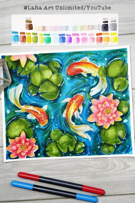 Brush Pen Techniques, Koi Pond Art Simple, Koi Fish Alcohol Markers, Koi Fish Pond Watercolor, Coi Pond Drawing, Koi Fish Pond Painting Watercolor, Koi Fish Marker Drawing, Koi Fish Drawing Watercolors, Koi Pond Watercolor