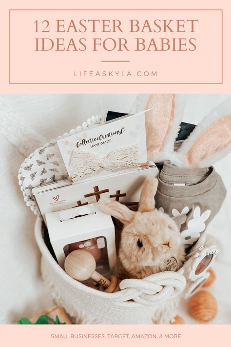 Awesome Easter Basket Ideas for Baby! Boho Easter basket with montessori toys and small business gifts. Affordable Easter Basket Ideas, Boho Easter Basket, Montessori Easter Basket, Baby Girl Easter Basket, Boho Easter Decor, Newborn Easter Basket, Easter Basket Ideas For Babies, Me As A Mom, Boho Easter