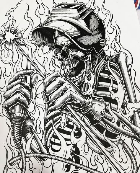 Welder Tattoo, Welding Tattoo, Gothic Drawings, Nouveau Tattoo, Skull Sleeve Tattoos, Western Artwork, Monster Coloring Pages, Lowrider Art, Western Tattoos