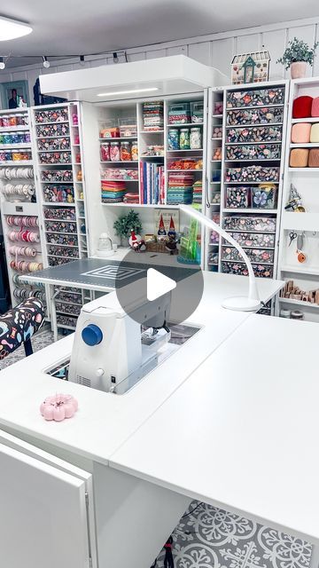 Missy Luukkonen on Instagram: "Last week I moved my sew station over to my dream box and I’ve gotta say that I am loving this set up! I have sat here a ton this past week and it’s working out great! Wishing I would have done it sooner! The sew station is such a great table for sewing, it has a power lift for your sewing machine so when it’s not in use it’s tucked away! It also has 2 drop leaves and has lots of room to work at! If you’ve been eying up this sew station now is the time! The @createroomco Black Friday sale has officially started and this is the best price you will see on the sew station and the dream box! 😍 Comment below with the word DREAM and I’ll send you the link! #dreambox #createroom #craftymom #creativespace #craftroom #sewingroom #sewingtable #sewingspace #orga Sewing Tables Ideas Work Stations, Sew Station, Sewing Table Ideas, Sewing Station, Sewing Space, Crafty Moms, I Am Loving, Sewing Rooms, Sewing Table