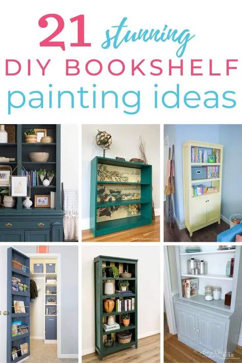 DIY Bookshelf Painting Ideas Redoing Bookshelf Diy, Plain Bookshelf Makeover, Bookshelf Makeover Diy Boho, Bookshelf Remodel Ideas, Bookshelf With Wallpaper Backing Diy, Refurbished Shelf Bookcases, Painting A Bookshelf Ideas, Billy Bookshelf Painted, Refinish Bookcase Ideas