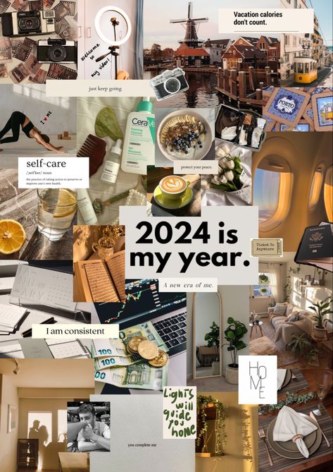 I finally finished my 2024 Vision Board ✨ Quotes Aesthetic Vision Board, Personality Board, Vision Board Journal, Aesthetic Vision Board, 2024 Quotes, 2024 Vision Board, Quotes Aesthetic, 2024 Vision, Quote Aesthetic