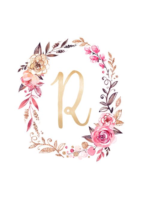 The Letter K, Letter K, Pink Flowers, Wreath, Glitter, Floral, Flowers, Pink, Gold