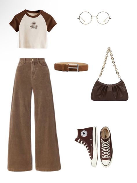 Coffee Core Aesthetic Outfits, Outfits With Brown Converse High Tops, Converse Style Outfit, Yellow Converse Outfit Ideas, Brown High Top Converse Outfit, Plat Form Converse Outfits, How To Style Brown Converse, Converse Brown Outfit, Coffee Brown Outfit