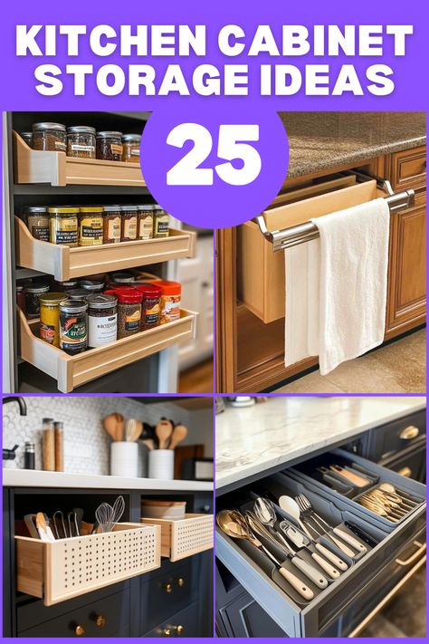 Looking for ways to make your kitchen work better for you? Check out these genius cabinet storage ideas that will save space and make cooking easier! #KitchenOrganization #StorageSolutions #DeclutterKitchen #CabinetStorageIdeas #SpaceSavingTips Kitchen Top Storage, Blind Base Cabinet Storage Solutions, Under Counter Kitchen Storage, Over Cabinet Storage Kitchen, Island Kitchen Cabinets Storage Ideas, Upper Cabinet Organization Kitchen, Unique Cabinet Design, Storage Ideas For Kitchen Cabinets, Maximize Kitchen Storage