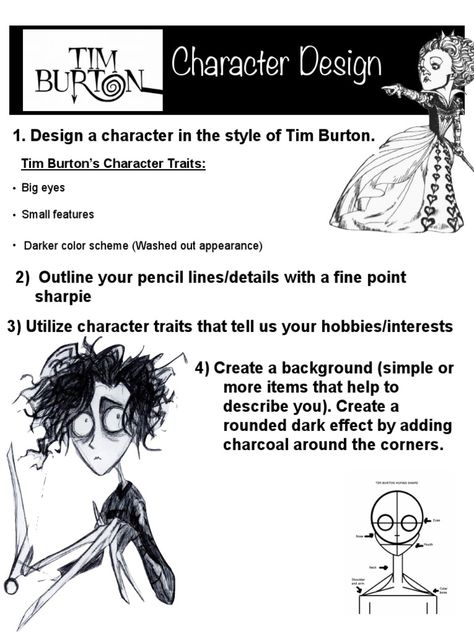 Tim Burton Activities, Tim Burton Character Design, Tim Burton Drawings Style Tutorial, Tim Burton Oc, Tim Burton Sketches, Tim Burton Drawings Style, Color Wheel Worksheet, Design A Character, Halloween Art Lessons