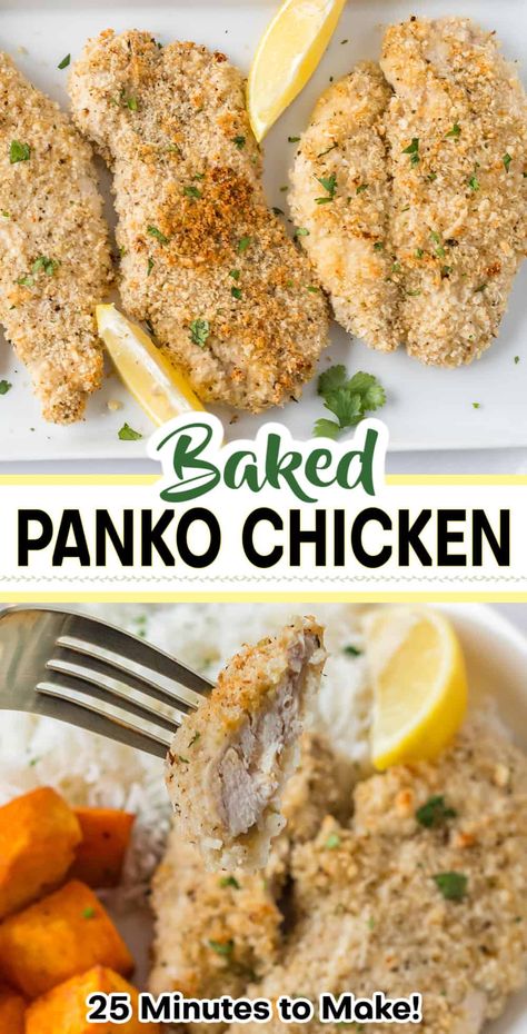 Crispy and delicious, this baked panko chicken recipe will become your new favorite weeknight meal. Juicy and moist chicken on the inside with a perfectly crispy coating. This comfort food is ready in less than 30 minutes, and is guaranteed to please even the pickiest eaters. Baked Panko Chicken, Panko Chicken, Meal Rotation, Moist Chicken, Meals Ideas, Canadian Food, Organized Chaos, Breaded Chicken, Boneless Skinless Chicken Breast