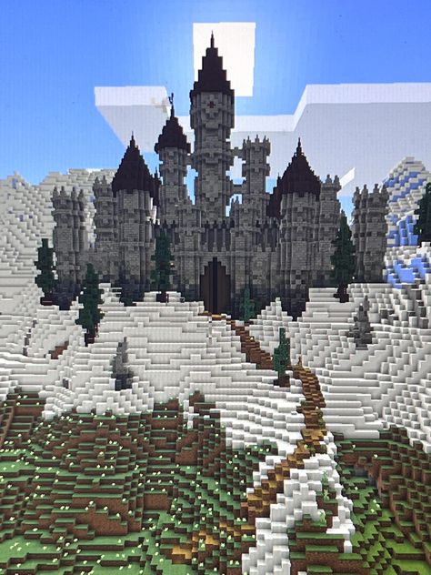 Un château dans la montagne #Minecraftbuilds Source ➡️ Minecraft Stairs Mountain, Minecraft Building Ideas Castles, Mountain Castle Minecraft, House Ideas Floor Plans, Megabase Minecraft, Minecraft Megabase, Minecraft Mountain House Ideas, Minecraft Castle Interior, Mountain House Ideas