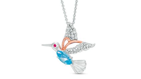 Creatable - Swiss Blue Topaz, Lab-Created Ruby and White Sapphire Hummingbird Pendant in Sterling Silver and 14K Rose Gold Plate - Peoples Jewellers. Summer Styles, Hummingbird Pendant, Jewelry Education, Peoples Jewellers, Engagement Ring Shapes, Tail Feathers, Bird Jewelry, Swiss Blue Topaz, Topaz Stone