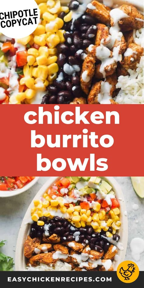 My whole family loves eating these flavor-packed burrito bowls filled with seasoned chicken breast, rice, and tons of other tasty ingredients. Inspired by the ever-popular Chipotle bowls, I found that making this copycat chicken burrito bowl recipe at home is just as easy, and even more delicious! It takes less than 30 minutes to throw them together, it's totally customizable, and it's great for meal prep or easy lunches. Healthy Chicken Burrito Bowl Meal Prep, Chicken Burrito Protein Bowl, Zero Point Chicken Burrito Bowl, No Cook Burrito Bowl, Burrito Bowl Meal Prep Healthy Recipes, Chipotle Chicken Burrito Bowl With Cilantro Lime Rice, Simple Burrito Bowl, Chicken Burrito Bowl Skillet, Chicken Bowls Chipotle