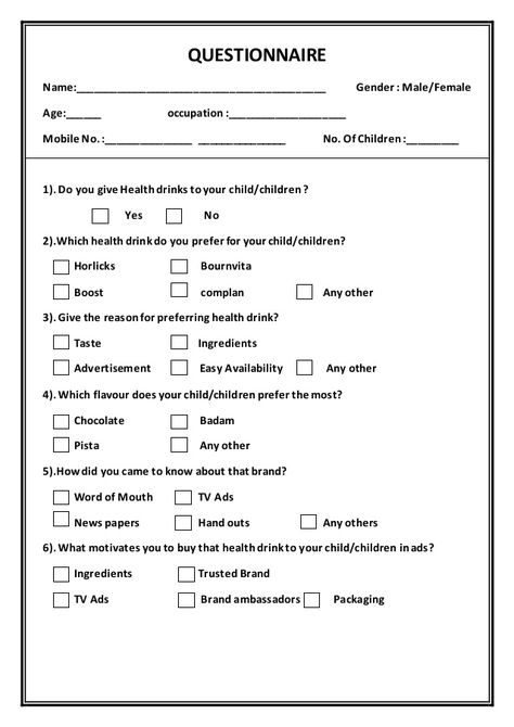 QUESTIONNAIRE  Name:__________________________________________ Gender : Male/Female  Age:______ occupation:_________________... Questionnaire Design, Violet Tattoo, Questionnaire Template, Health Drinks, Brand Words, Thesis Writing, Health Lessons, Motivation Board, Goal Quotes