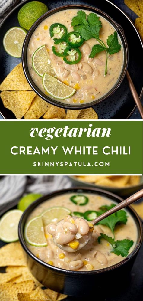 Vegetarian Chicken Chili, Mexican White Bean Chili, Meatless White Chili, Vegetarian White Bean Chili Recipe, Vegetarian White Enchiladas, White Bean Chili No Meat, White Chili Vegetarian Crock Pot, White Chili Recipe Vegetarian, Veggie White Chili