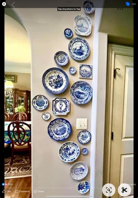 Blue And White Plates On Wall, Blue And White Plate Wall, Blue Plates Wall, Plate Wall Display, Blue White Pottery, Cottagecore Home, Blue White Decor, Plate Wall Decor, Wall Art Ideas