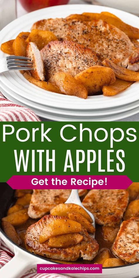 Get ready for fall flavors with these Apple Pork Chops! Juicy pork chops are pan-seared and simmered in a sweet and savory sauce made from fresh apples, brown sugar, and cinnamon. This dish is easy to make and perfect for a busy weeknight, offering the perfect balance of sweetness and saltiness. Serve with mashed potatoes for a hearty meal! What To Season Pork Chops With, Pork Chops And Cinnamon Apples, Pork Chops With Sweet Potatoes And Apple, Apple Stuffing Pork Chops, Bone In Pork Chops With Apples, Pork Chop And Apple Recipes Crock Pot, Peaches And Pork Chops, Apple Cider Glazed Pork Chops, Pork Chops And Apples Crockpot