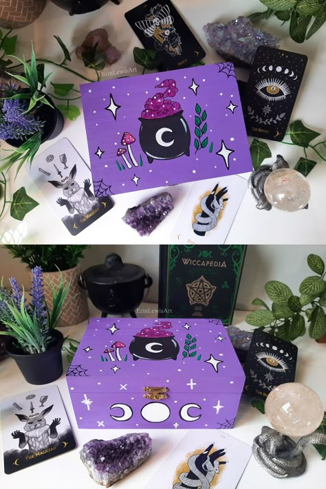 Hand Painted Tarot Trinket Box | Witchy Home Decor | Oddities and Curiosities | Spooky Cute | Handmade Gift | Cauldron | Bats | Crystals | Triple Moon | Pastel Goth | CottageGoth | Fairycore | Fairy Vibes | Gothic Aesthetic Witchy Box Diy, Witch Boxes Diy, Painting Wooden Boxes Ideas, Spooky Box Ideas, Trinket Boxes Diy, Chest Painting Ideas, Trinket Box Painting Ideas, Painted Box Ideas Aesthetic, Hand Painted Wooden Box Ideas