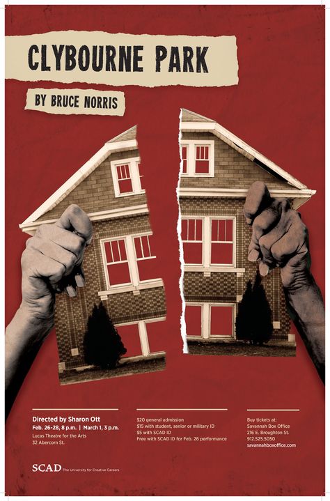 Feb. 26-28, 8 p.m. March 1, 3 p.m. SCAD performing arts presents Bruce Norris’ Pulitzer Prize- and Tony Award-winning play “Clybourne Park” directed by Sharon Ott. The play was originally written in response to Lorraine Hansberry’s classic “A Raisin in the Sun” and explores issues of race, real estate, and the volatile values of each through sharp-witted comedy. This play contains adult language and themes, and may not be suitable for young audiences. All performances are open to the public. ... Theatre Play Poster, Threepenny Opera Poster, Play Posters Theatres, Clybourne Park, Old Theatre Posters, A Raisin In The Sun, Raisin In The Sun, Lorraine Hansberry, The Public Theater