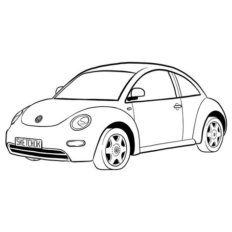 How to draw Volkswagen New Beetle Volkswagen Beetle Drawing Easy, Volkswagon Bug Drawing, Vw Beetle Sketch, Vw Beetle Painting, How To Draw A Volkswagen Beetle, Vw Bus Sketch, Beetle Car Tattoo, Mini Car Drawing, Vintage Car Drawing Easy