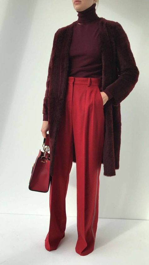 Red Fall Outfits 2023, Red Pants Work Outfit, Combination With Red Colour, Burgundy And Red Outfit, Maroon Monochromatic Outfit, Colorful Smart Casual, Red And Burgundy Outfit, Colorful Elegant Outfits, Red Top Outfit Winter