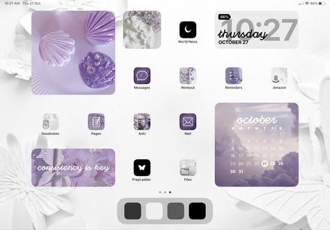 Pastel Purple Aesthetic Wallpaper Tablet, Ipad Purple Theme, Aesthetic Ipad Setup Purple, Aesthetic Ipad Homescreen Layout Purple, Ipad Layout Purple, Purple Ipad Air Aesthetic, Wallpaper Ipad Aesthetic Purple, Purple Ipad Layout, Ipad Widgets Aesthetic Purple