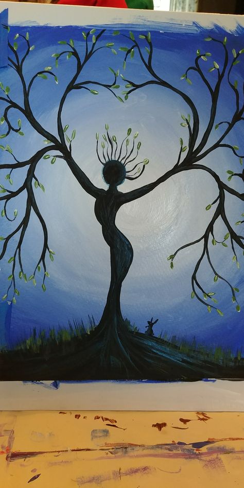 Imaginary Paintings Easy, Dancing Trees Art, Spiritual Art Nature, Growth Painting Inspiration, Nature Themed Art Projects, Easy Deep Paintings, Simple Spiritual Paintings, Pagan Painting Ideas, Mystical Paintings Easy