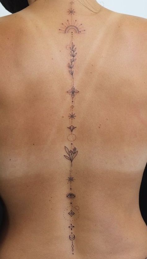 Back Tattoo Women Spine Y2k, Geometric Tattoo Spine, Astrological Back Tattoo, Womens Geometric Tattoos, Spine Tattoo Chakra, Virgo Spine Tattoo, Celestial Spine Tattoos For Women, Hippie Spine Tattoo, Long Spine Tattoo