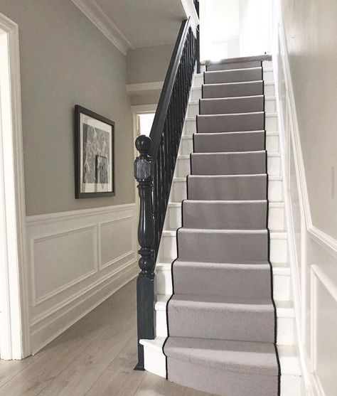 Grey Painted Stairs, Modern Hallways, Edwardian Hallway, Stairs And Hallway Ideas, Hallway Design Ideas, Black And White Stairs, Stair Paneling, Staircase Styles, Entrance Hall Decor