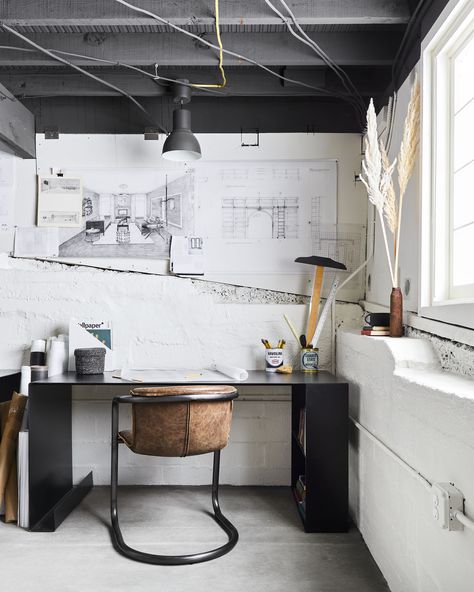 Em Henderson, Grey Ceiling, Basement Office, Cinder Block Walls, Office Waiting Rooms, Basement Makeover, Basement Ceiling, Emily Henderson, Unfinished Basement