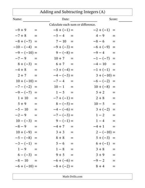 The Adding and Subtracting Mixed Integers from -10 to 10 (75 Questions) (A) Math Worksheet Montessori, Adding Subtracting Integers, 10th Grade Math Worksheets, Subtracting Integers Worksheet, 10th Grade Math, Math Worksheets For Kids, Math Study Guide, 7th Grade Math Worksheets, Adding Integers